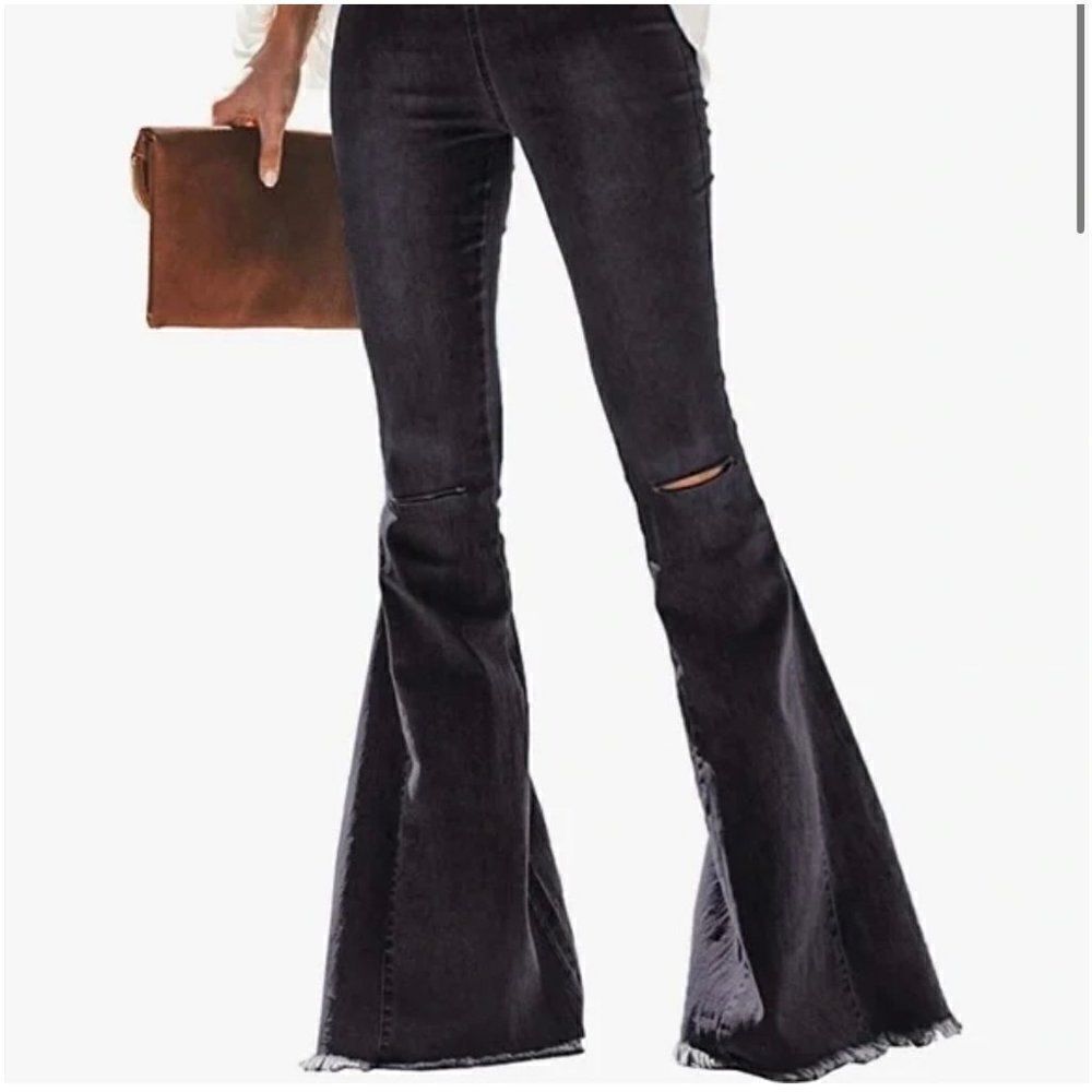 Newbury Kustom Pull On Elastic Waist Flare Distress Jeans ‎ Size Small